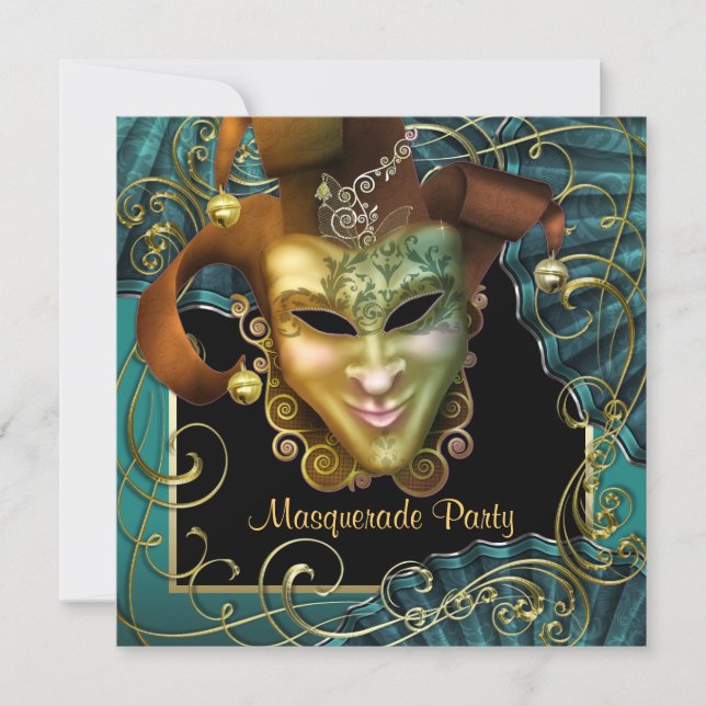 Jade Black Gold Masquerade Party Invitations (Front)