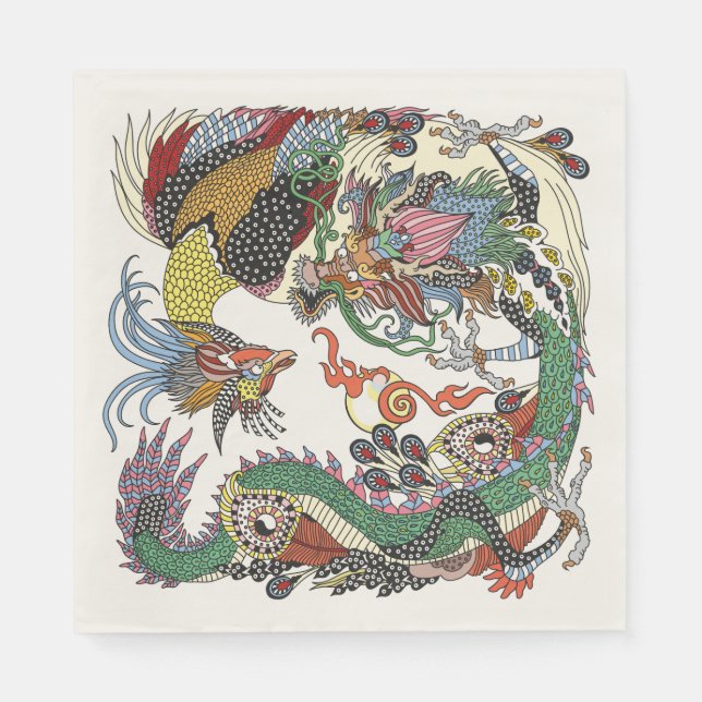 Jade Dragon and Gold Phoenix playing with a pearl  Napkin (Front)