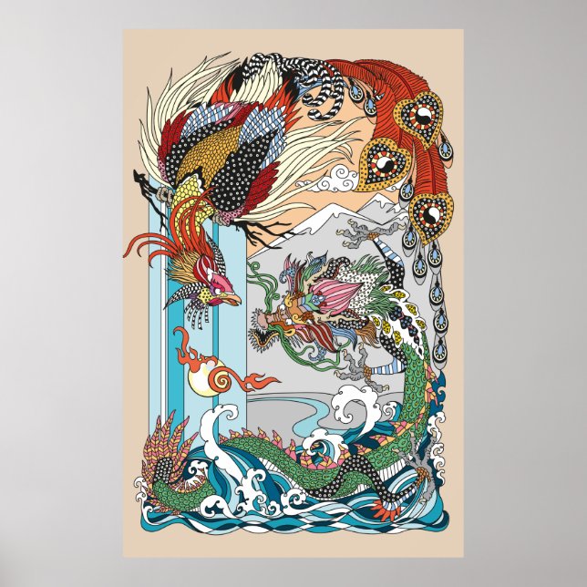 Jade Dragon and Gold Phoenix playing with a pearl  Poster (Front)