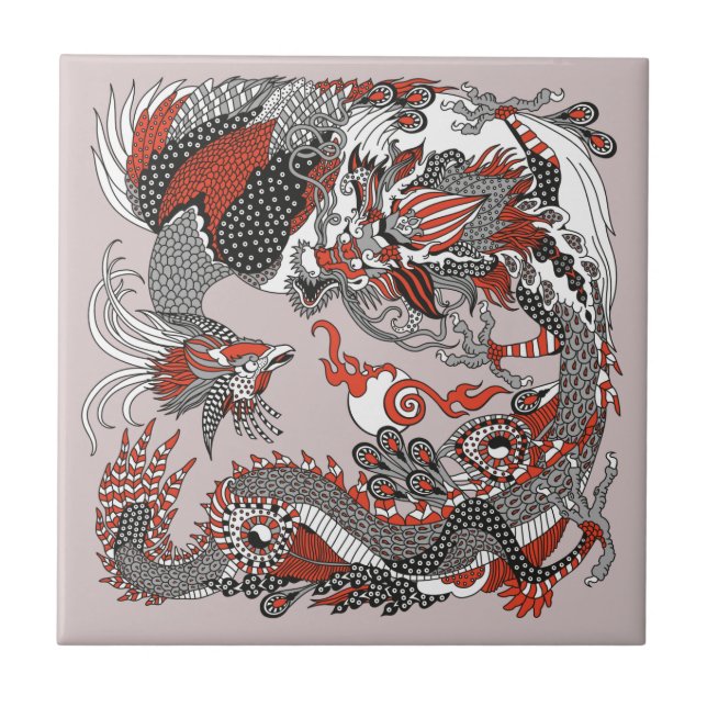 Jade Dragon and Gold Phoenix playing with a pearl  Tile (Front)