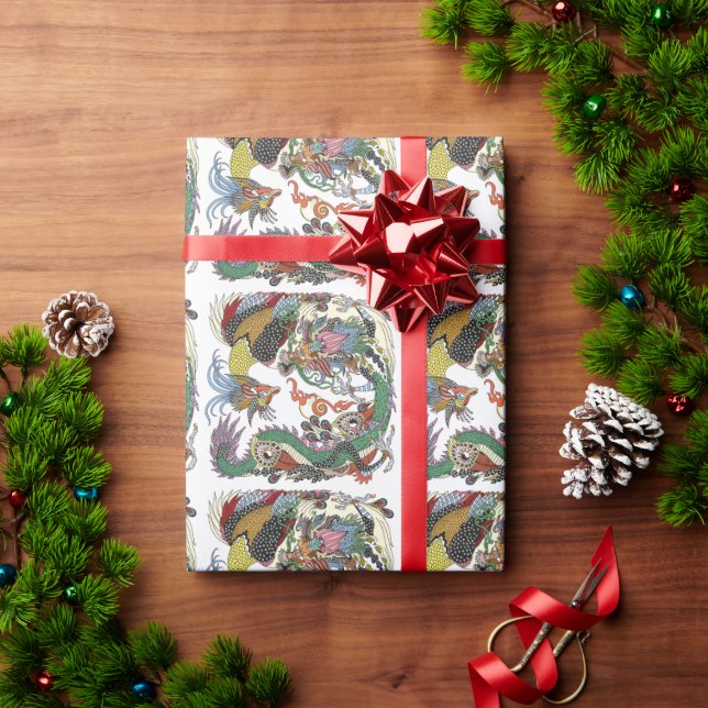 Jade Dragon and Gold Phoenix playing with a pearl  Wrapping Paper (Holiday Gift)