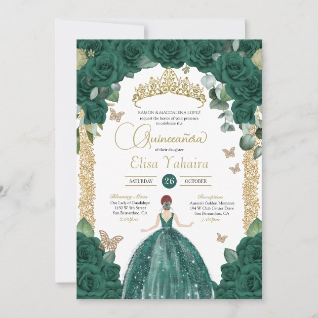 Jade Emerald Green Butterfly Princess Quinceanera Invitation (Front)