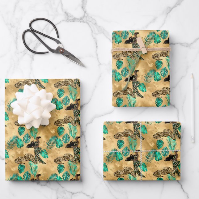 Jade Green and Gold Foil Look Leopard Print Wrapping Paper Sheet (Front)