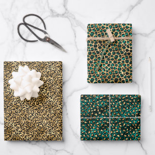 Jade Green and Gold Foil Look Leopard Print Wrapping Paper Sheet