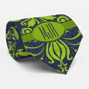 Jade Green and Navy Damask Swirl Monogram Tie