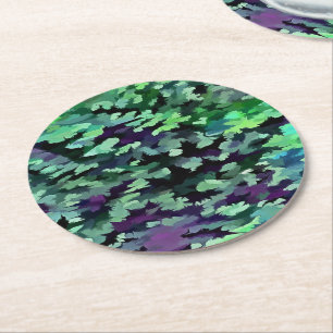 Jade Green and Purple Camouflage Pattern Round Paper Coaster