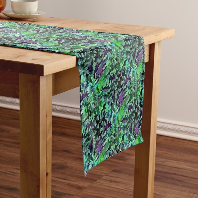 Jade Green and Purple Camouflage Pattern Short Table Runner (In Situ)
