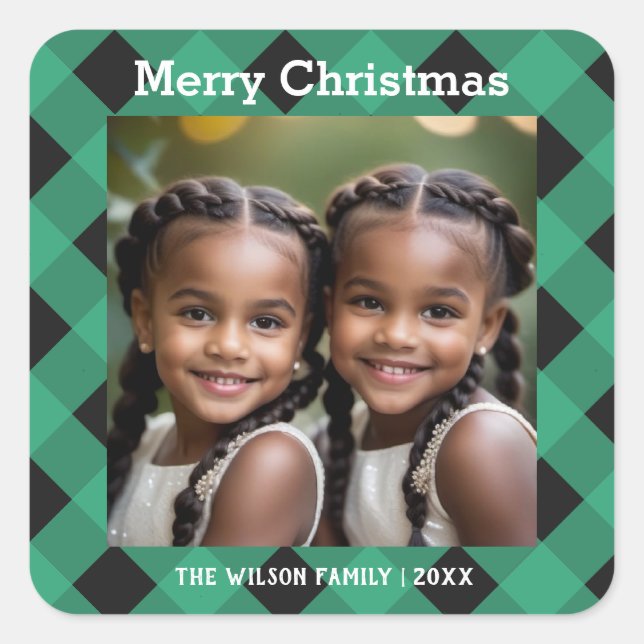 Jade Green Buffalo Plaid Custom Photo Christmas Square Sticker (Front)