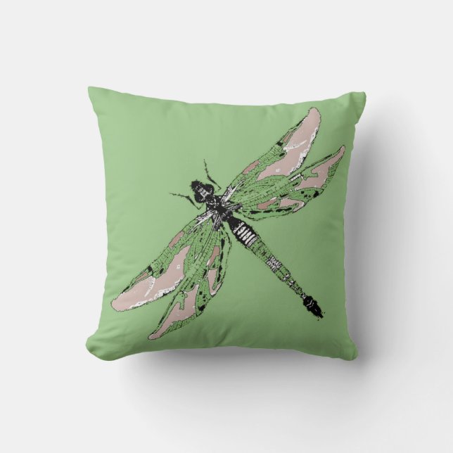 Jade Green Dragonfly Reversible Pillow by Sharles (Front)