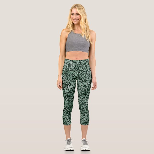 Jade Green Leopard Print Capri Leggings (Front)