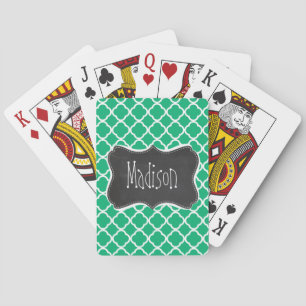 Jade Green Moroccan Quatrefoil; Chalkboard look Playing Cards