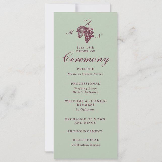 Jade Green Plum Grape Monogram Wedding Program Invitation (Front)