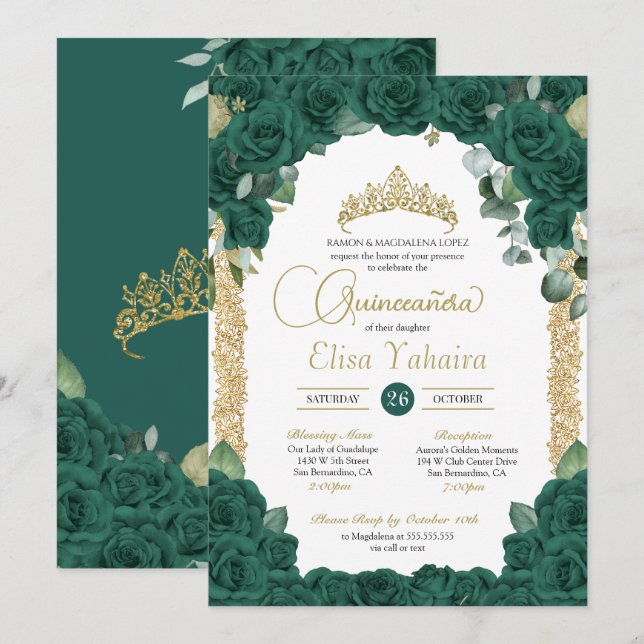 Jade Green Rose Floral and Gold Quinceanera Invitation (Front/Back)