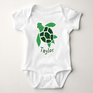 Jade Green Sea Turtle Mosaic with Name Baby Bodysuit