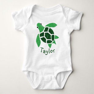 Jade Green Sea Turtle Mosaic with Name Baby Bodysuit