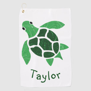 Jade Green Sea Turtle Mosaic with Name Golf Towel