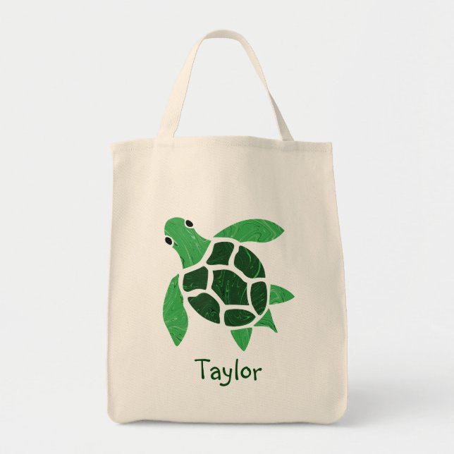 Jade Green Sea Turtle Mosaic with Name Tote Bag (Front)