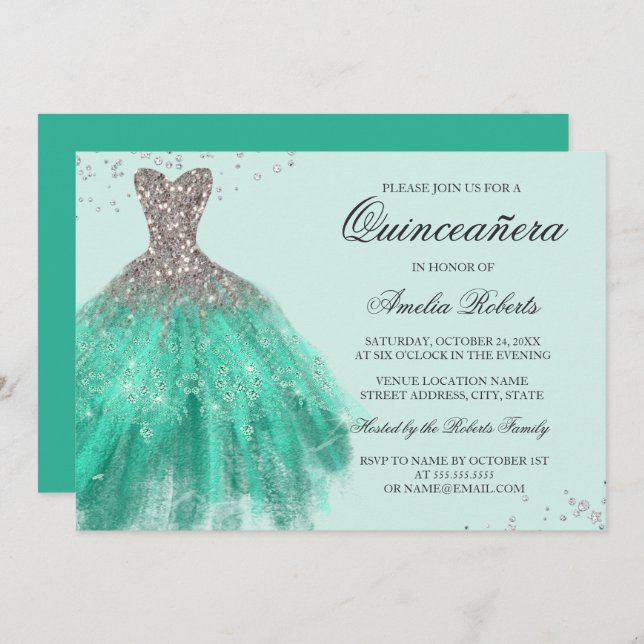 Jade Green Sparkle Dress Quinceanera Invitation (Front/Back)