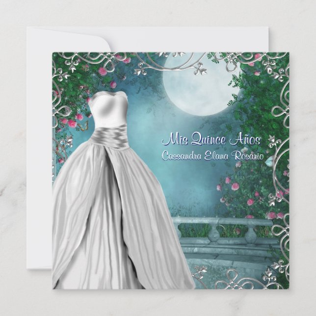 Jade Green Teal Blue Pink Roses Quinceanera Invitation (Front)