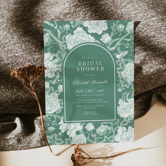Jade Green White Chinoiserie Floral Bridal Shower Invitation (Creator Uploaded)
