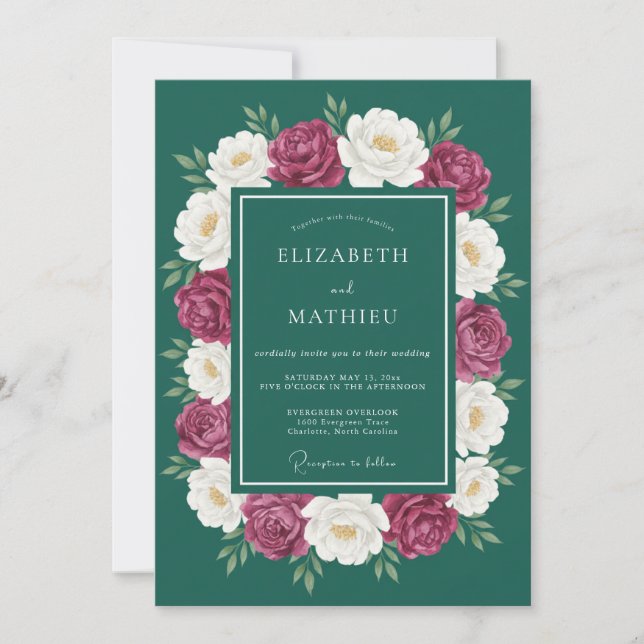 Jade Magenta Wreath Wedding Invitation (Front)