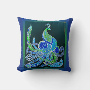 Jade Majesty Elegant Green and blue peacock Cushion