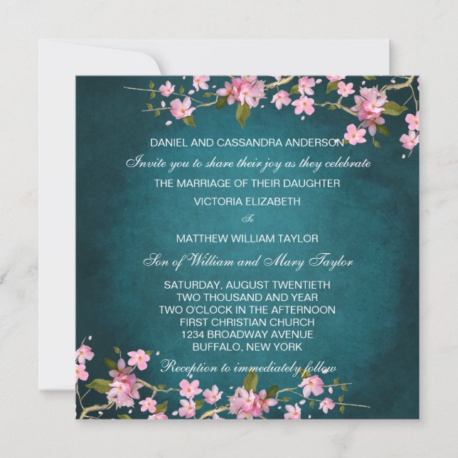 Jade Pink Japanese Cherry Blossoms Wedding Invitation (Front)