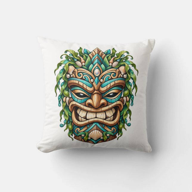 Jade Shell Tiki Guardian Throw Pillow (Front)