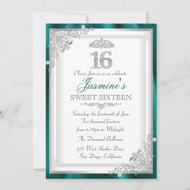 Jade Silver Diamond Damask & Tiara Sweet 16 Invite (Front)