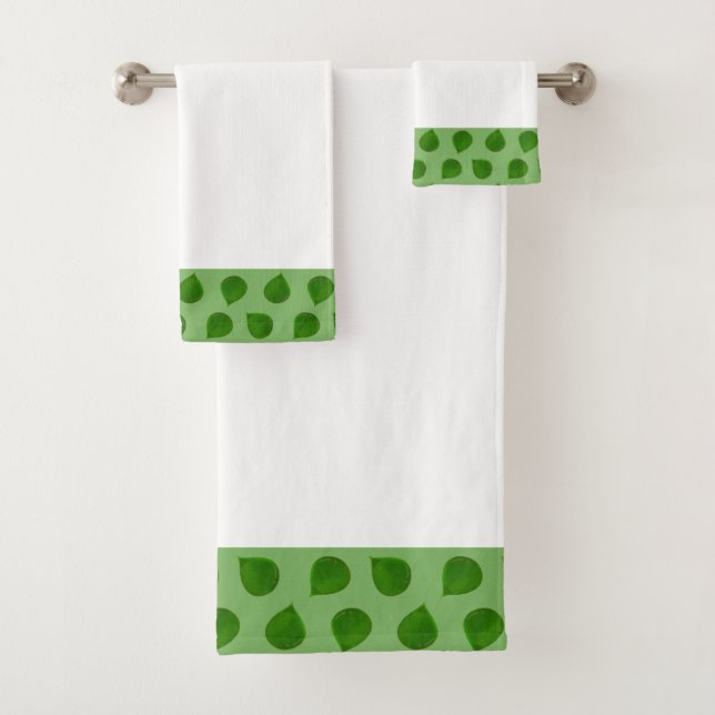 Jade Tree Leaves on Green & White Bath Towel Set (Insitu)