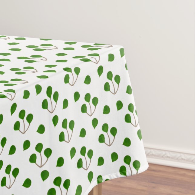 Jade Tree of Life Branches & Green Leaves on White Tablecloth (In Situ)