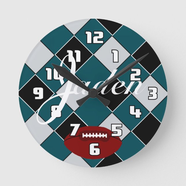 Jaden Football Green Black Silver Checked Clock (Front)