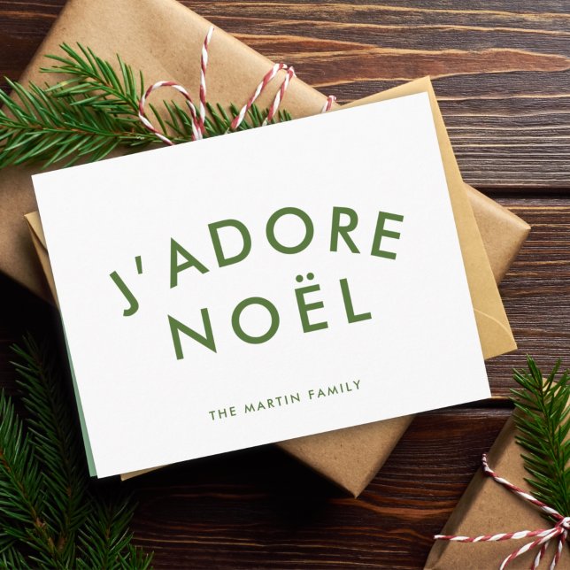 J'adore Noel | Christmas Minimalist Green White Holiday Card (Creator Uploaded)