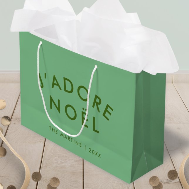 J'adore Noel | Modern Minimalist Love Xmas Green Large Gift Bag (Creator Uploaded)
