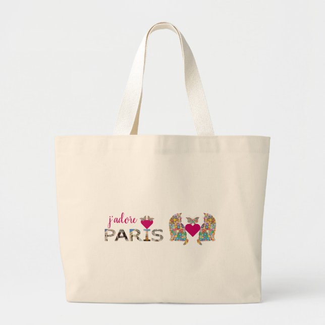 J'adore Paris, Cats in Love, Hearts Butterflies Large Tote Bag (Front)