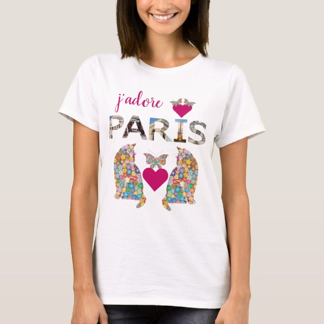 J'adore Paris, Cats in Love, Hearts Butterflies T-Shirt (Front)