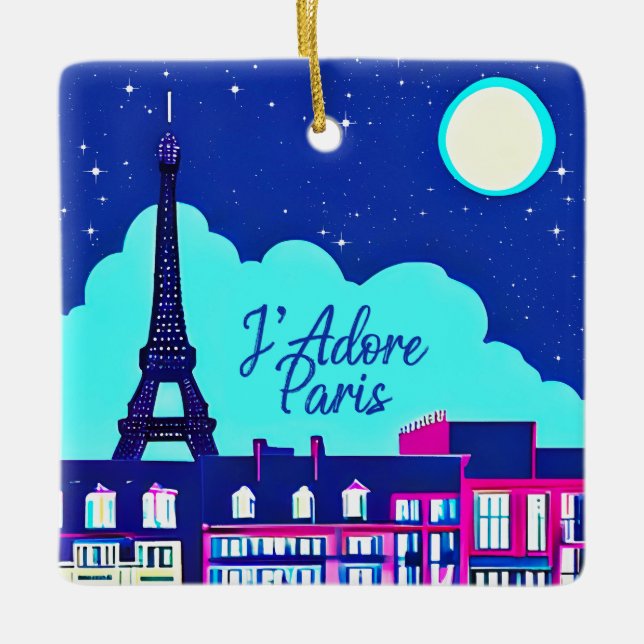 J'adore Paris - Fantasy Paris Under a Full Moon Ceramic Ornament (Front)