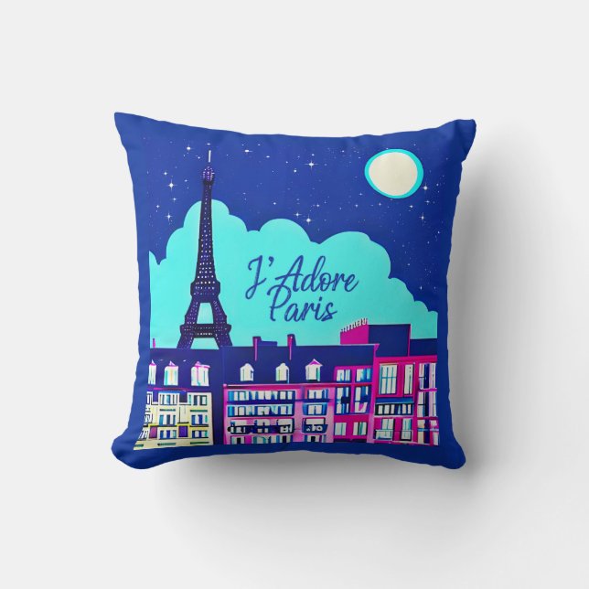 J'adore Paris - Fantasy Paris Under a Full Moon   Cushion (Front)