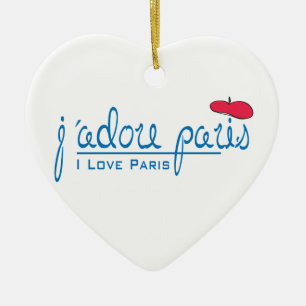 j'adore Paris (I love Paris) with red beret Ceramic Tree Decoration