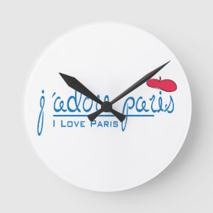 j'adore Paris (I love Paris) with red beret Round Clock