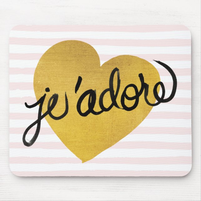 J'adore Quote | Black & Gold Heart Mouse Mat (Front)