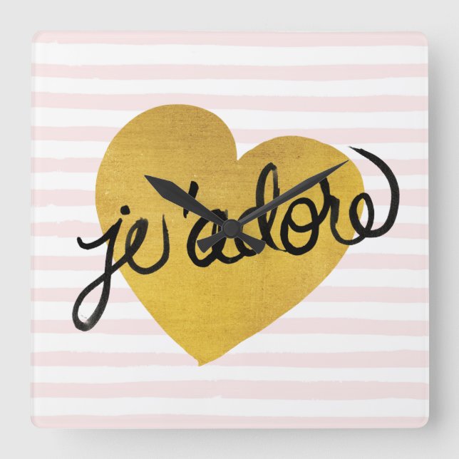 J'adore Quote | Black & Gold Heart Square Wall Clock (Front)