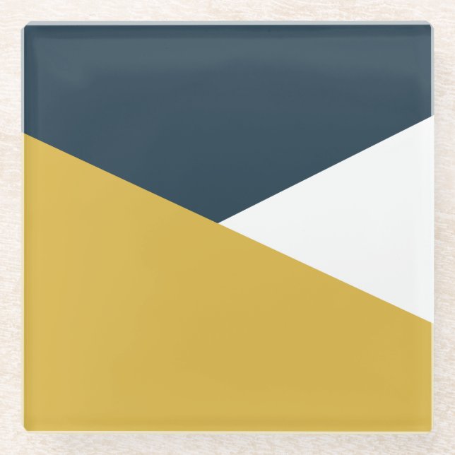 Jag Minimalist Angled Colour Block Mustard Navy Glass Coaster (Front)