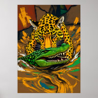 Jaguar and Alligator Battle Art
