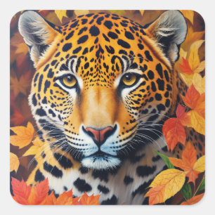 Jaguar Autumn Feline Painting Square Sticker