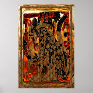 Jaguar AZTEC Gold & Red Foil Folk Art Poster