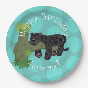 Jaguar black panther personalised cartoon birthday paper plate