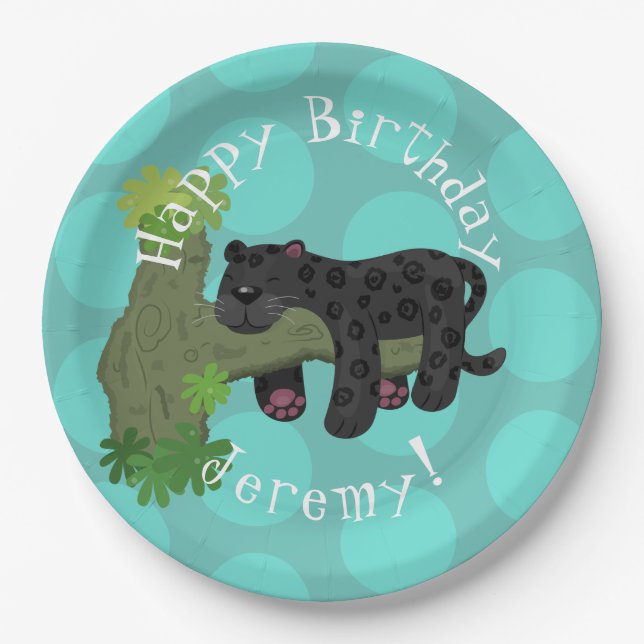 Jaguar black panther personalised cartoon birthday paper plate (Front)