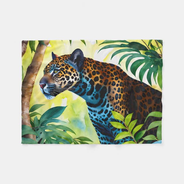 Jaguar Botanical Forest Jungle Fleece Blanket (Front (Horizontal))