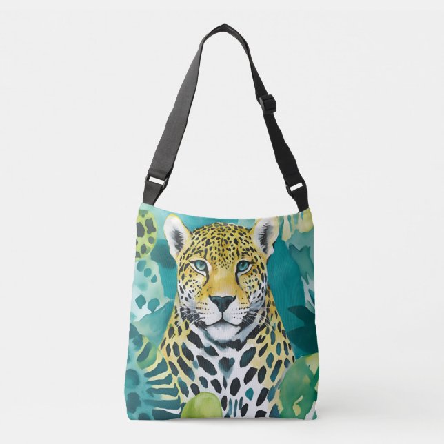 Jaguar Leopard Big Cat Teal Colours Crossbody Bag (Front)